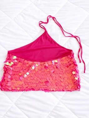 π©· Pink Barbiecore Sequin Halter Festival Top Mermaid Disco Party Clubwear Sz L